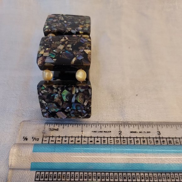 Vintage 1950's mosaic Abalone & mother of peal black block bracelet - Picture 9 of 9